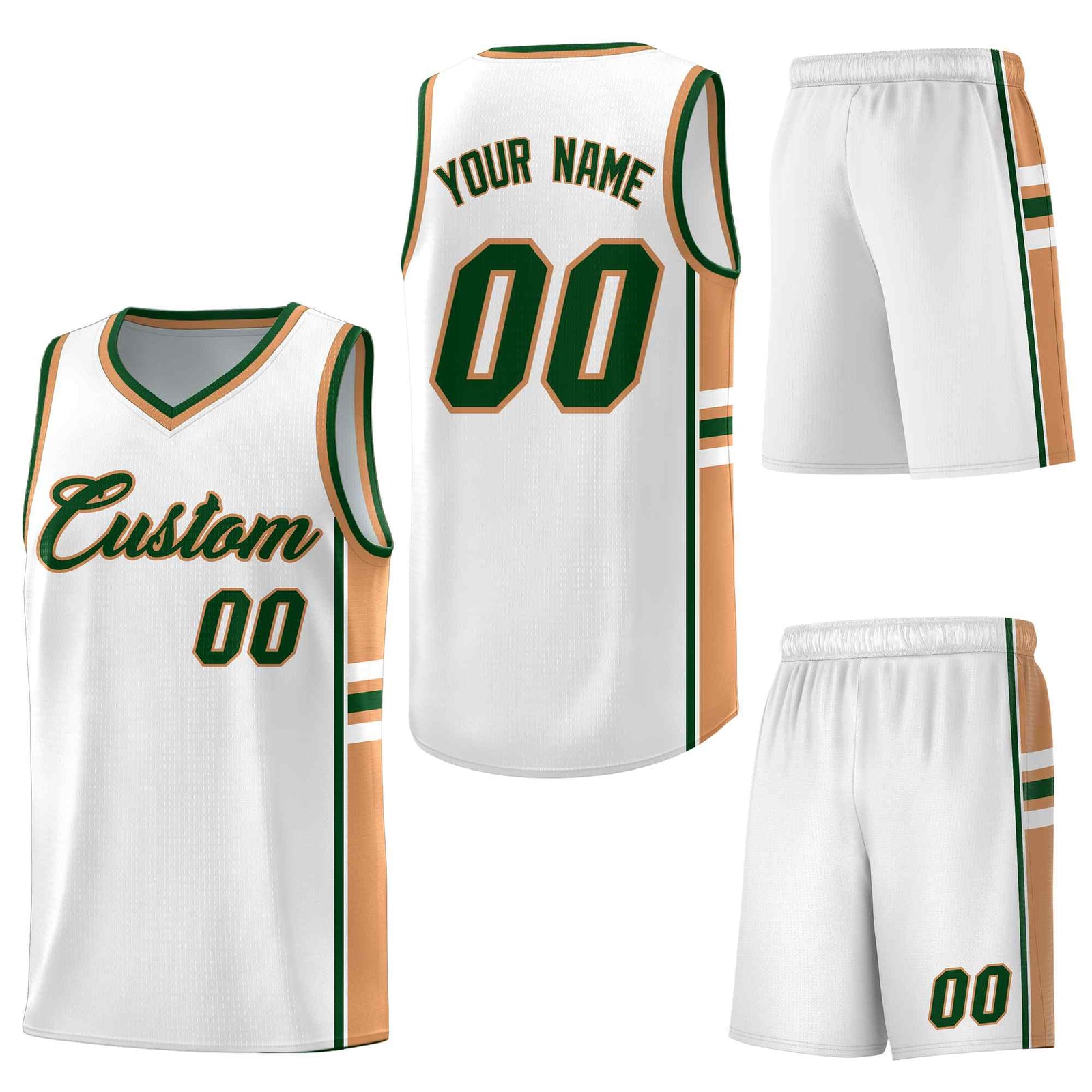 Custom White Buckskin Brown Classic Color Block Wrinkle-Resistant Varsity Uniform Basketball Jersey