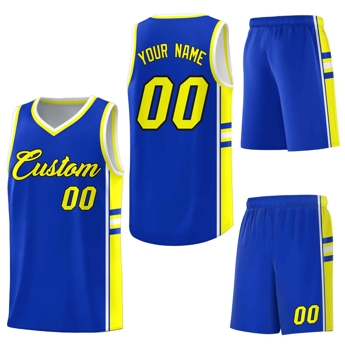 Custom Royal Fluorescent Yellow Classic Color Block Lightweight Varsity Uniform Basketball Jersey