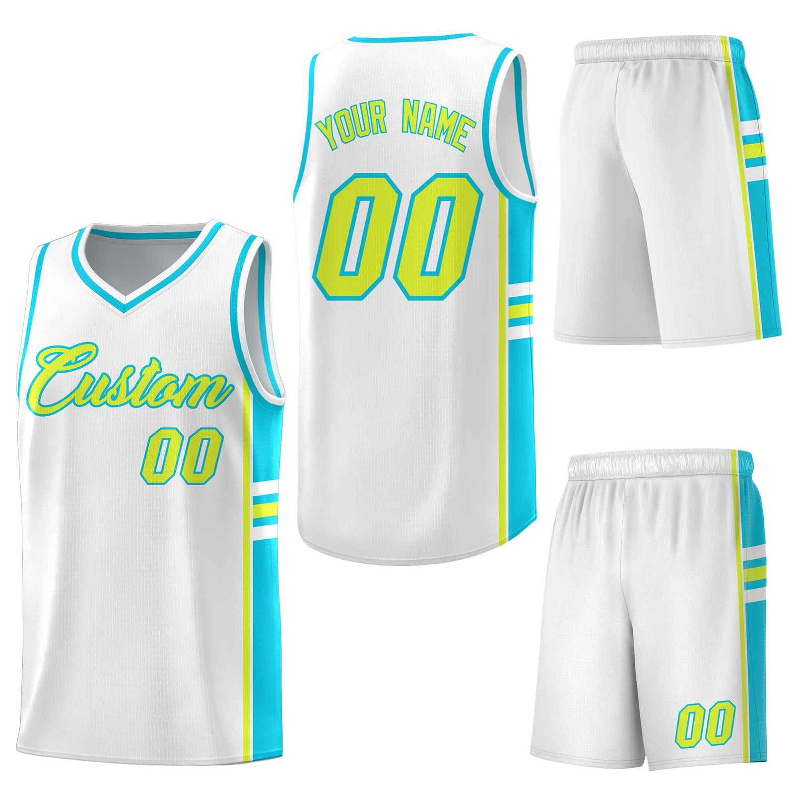 Custom White Sky Blue Classic Color Block Drapable Varsity Uniform Basketball Jersey
