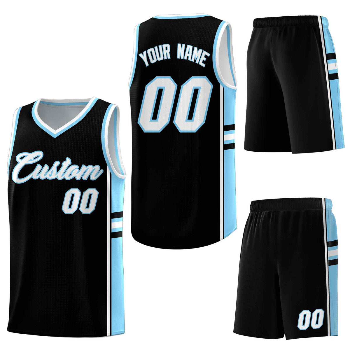 Custom Black Light Blue Classic Color Block Quick-Drying Personalized Uniform Basketball Jersey
