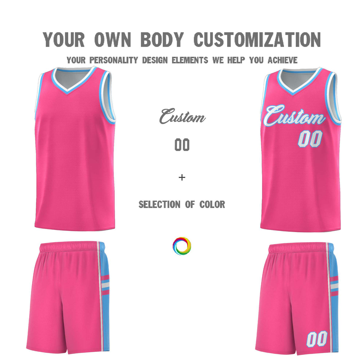 Custom Youth Basketball Jersey - Pink Powder Blue Two-Tone Classic Varsity Uniform