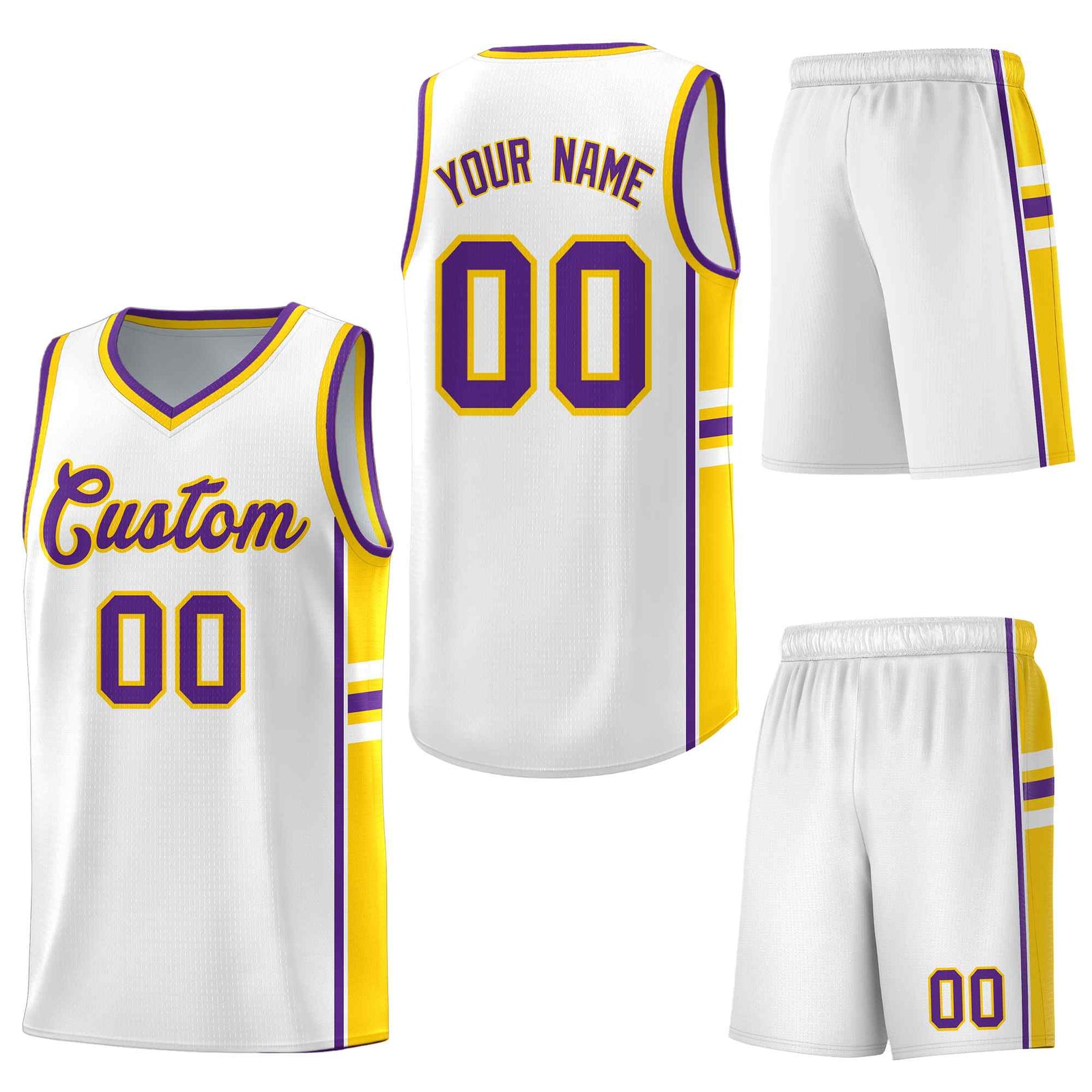 Custom White Gold Classic Color Block Drapable Varsity Uniform Basketball Jersey