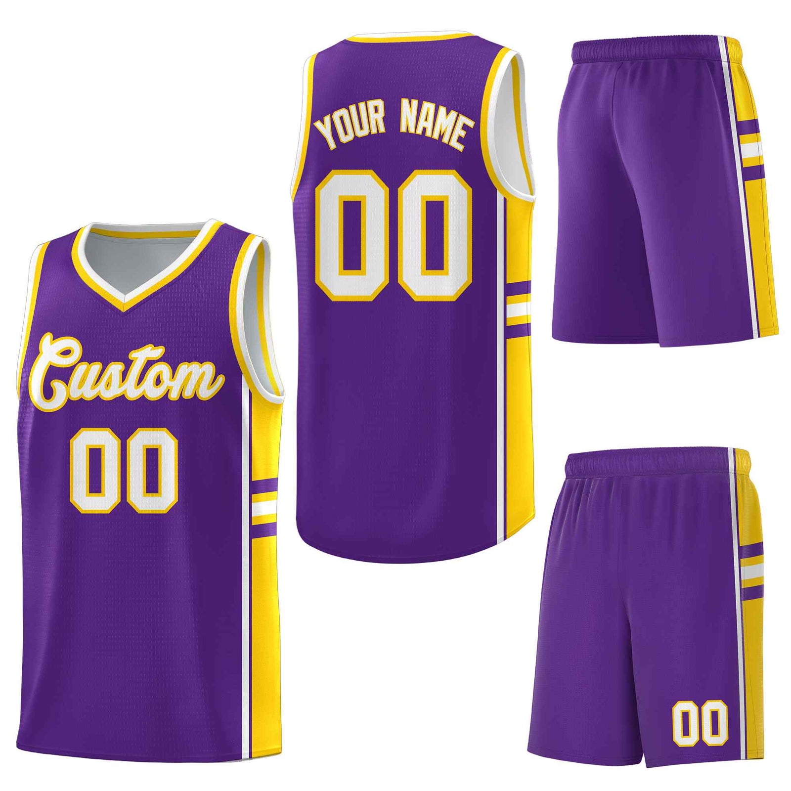 Custom Purple Gold Classic Color Block Breathable Personalized Uniform Basketball Jersey