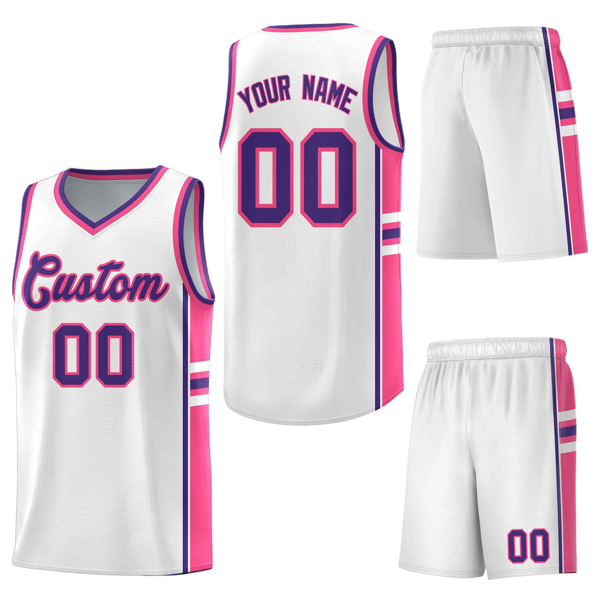 Custom White Pink Classic Color Block Breathable Varsity Uniform Basketball Jersey