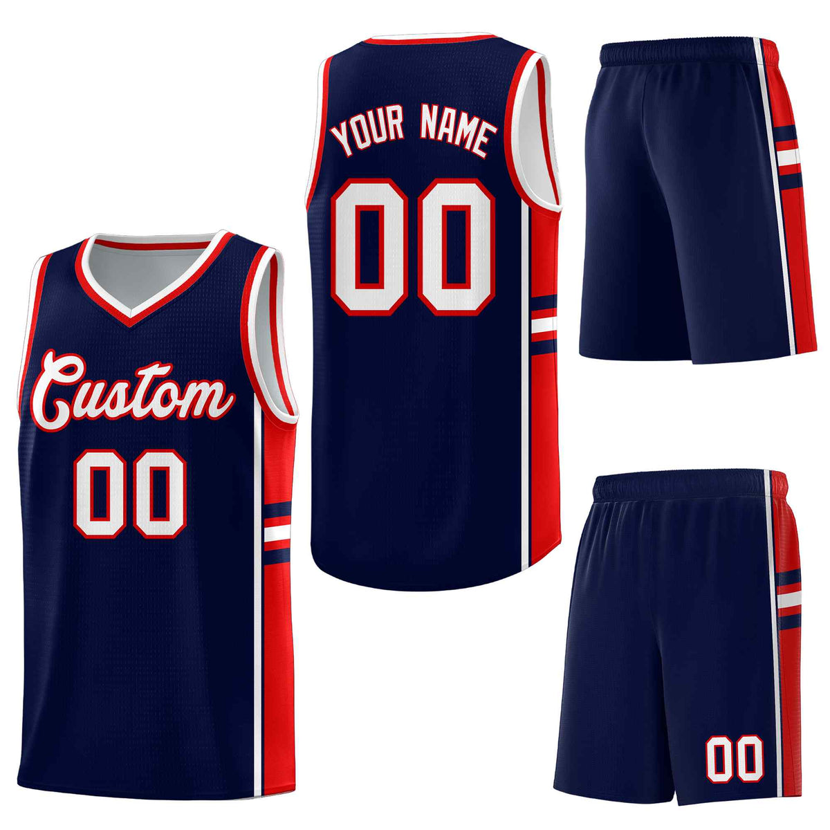 Custom Navy Red Classic Color Block Drapable Varsity Uniform Basketball Jersey