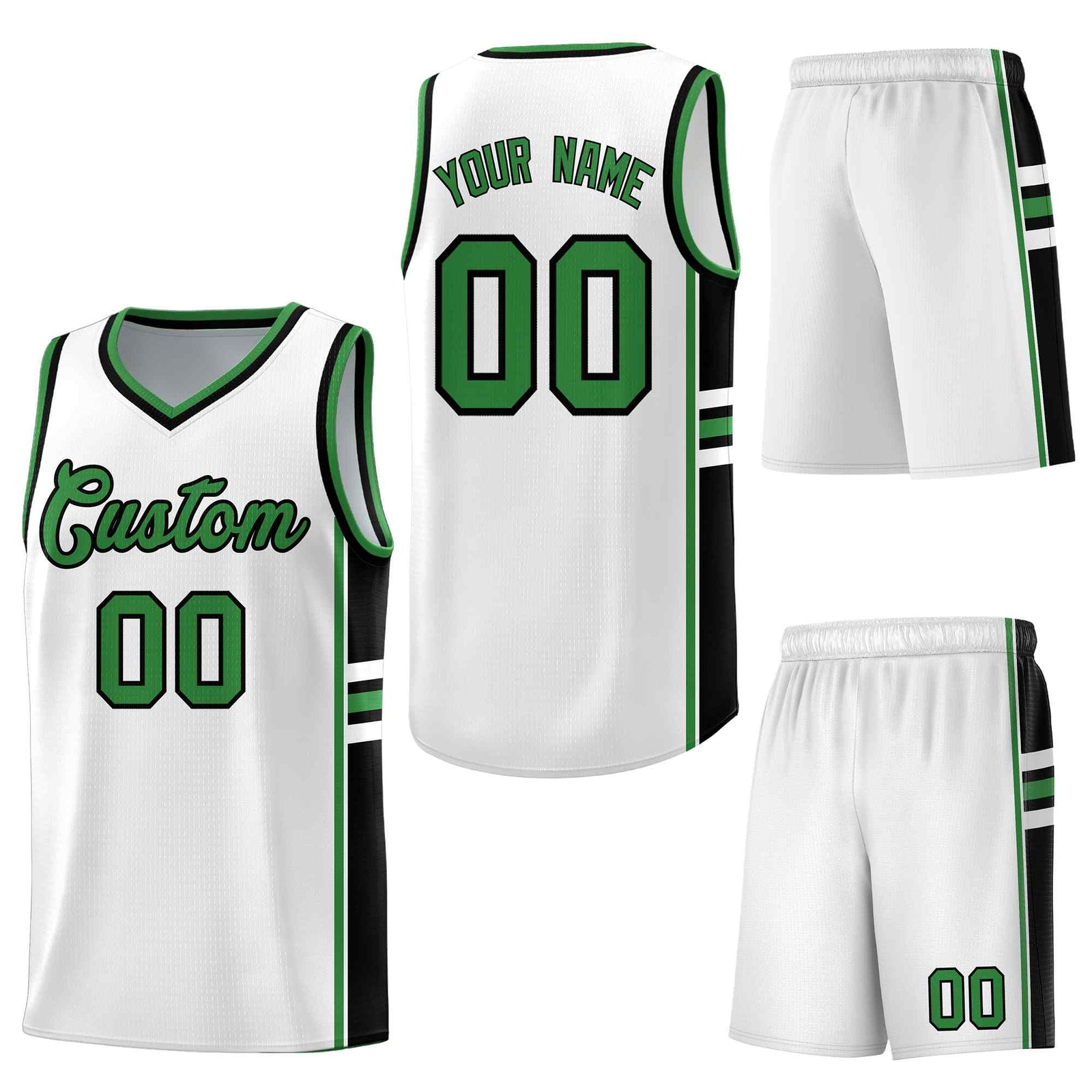 Custom White Kelly Green Classic Color Block Drapable Personalized Uniform Basketball Jersey