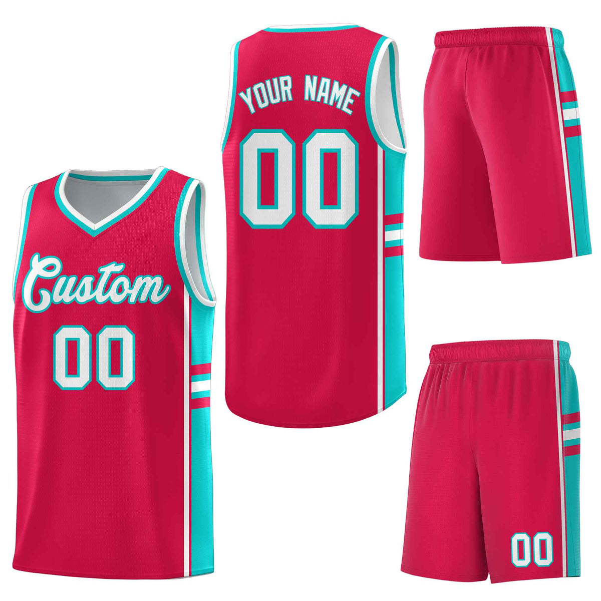 Custom Red Aqua Classic Color Block Quick-Drying Varsity Uniform Basketball Jersey