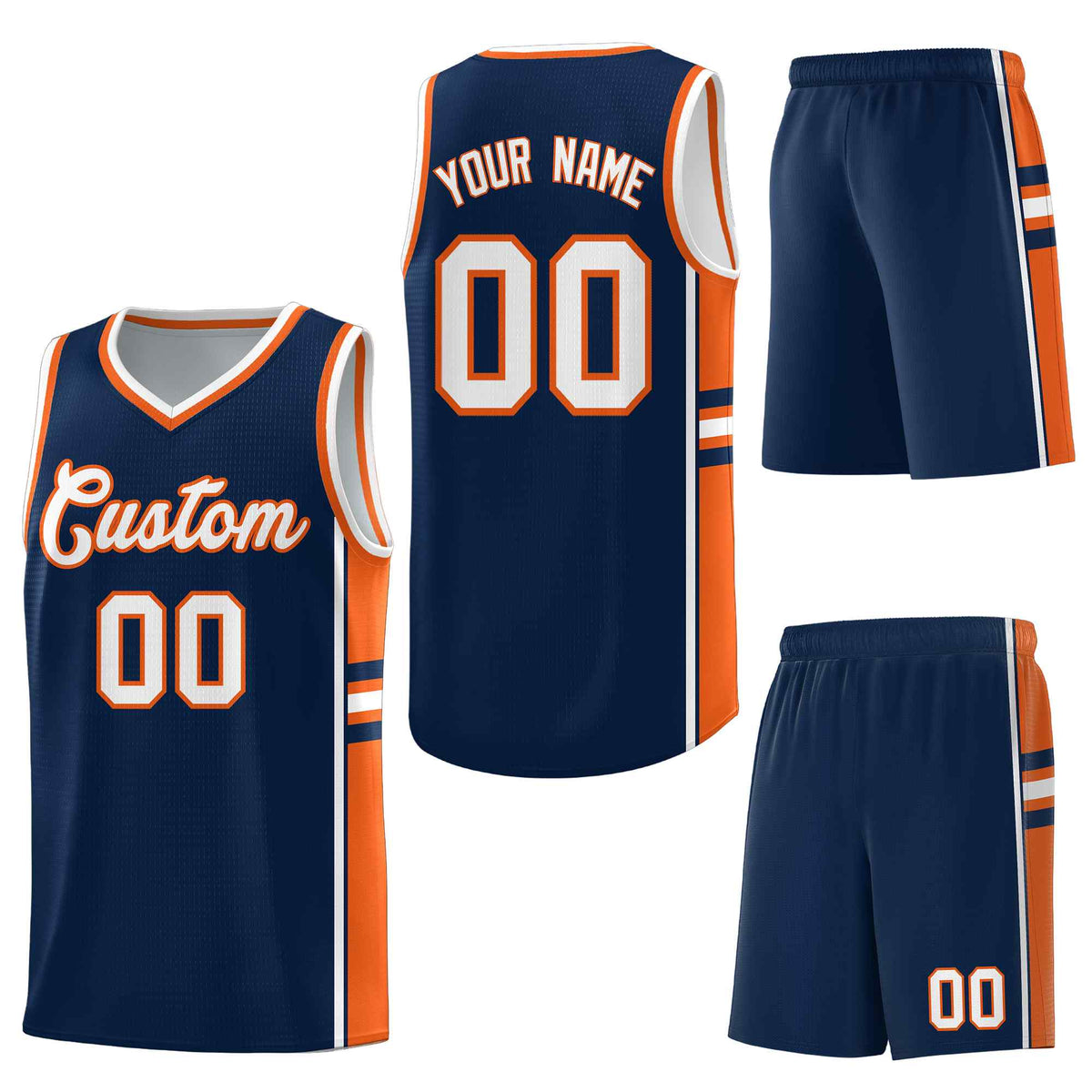 Custom Navy Orange Classic Color Block Drapable Personalized Uniform Basketball Jersey