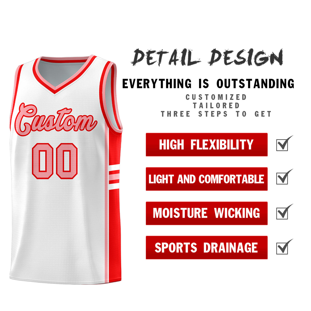 Custom Youth Basketball Jersey - White Light Red Personalized Varsity Two-Tone Uniform