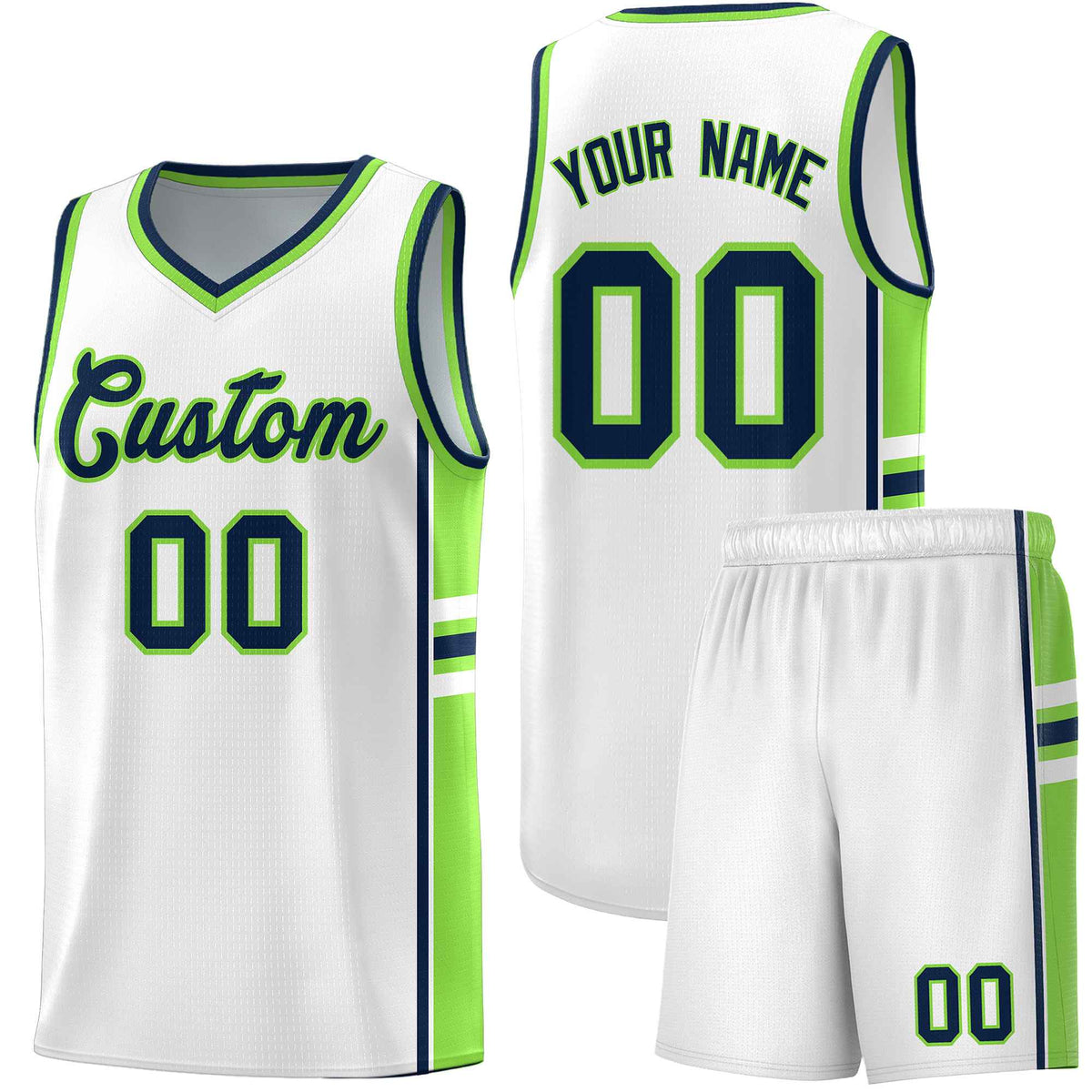 Custom Youth Basketball Jersey - White Fluorescent Green Two-Tone Varsity Jersey Set