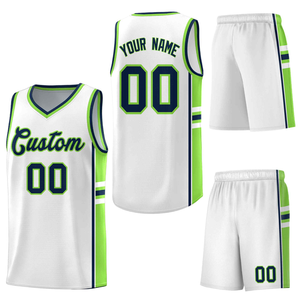 Custom White Fluorescent Green Classic Color Block Wrinkle-Resistant Personalized Uniform Basketball Jersey