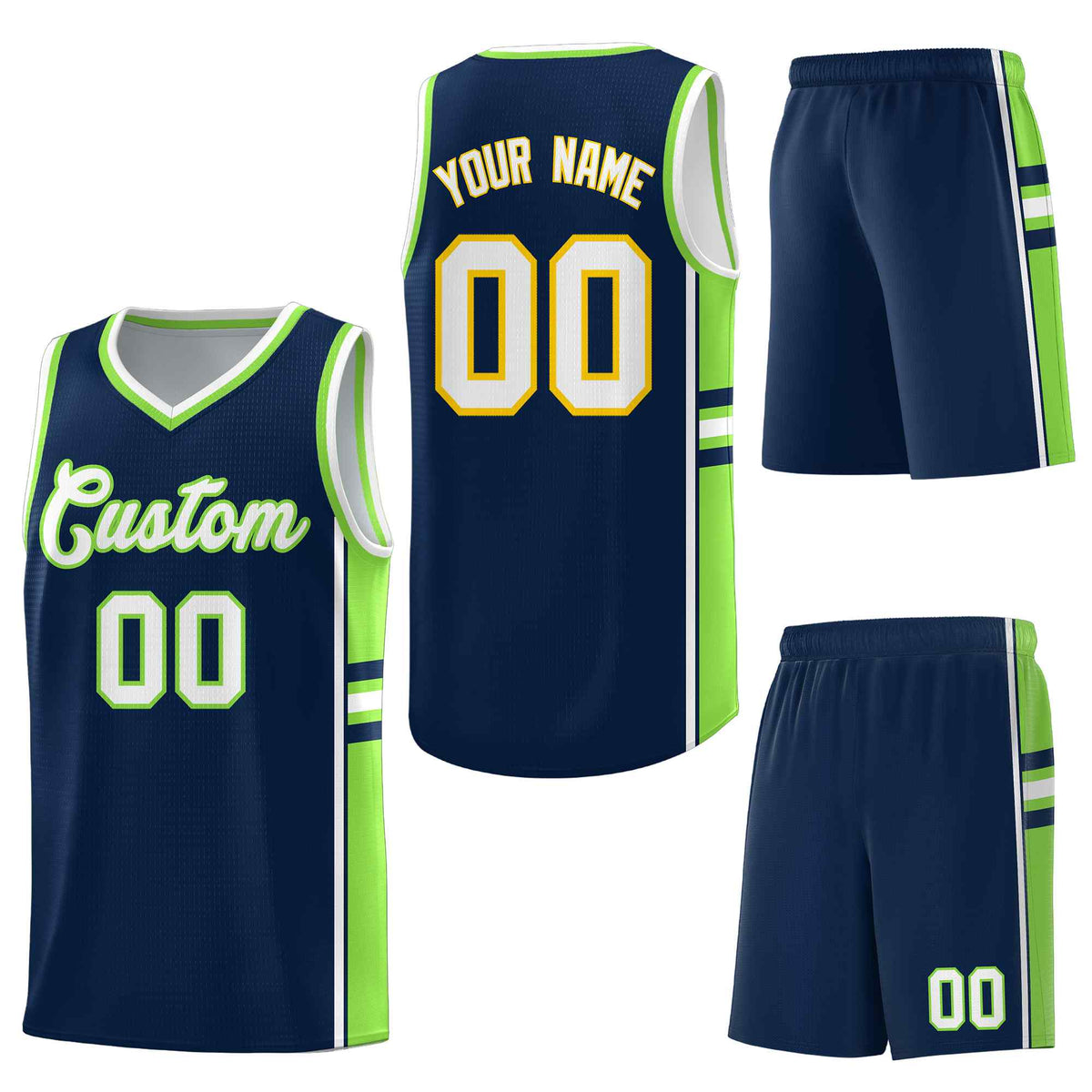 Custom Navy Fluorescent Green Classic Color Block Drapable Varsity Uniform Basketball Jersey