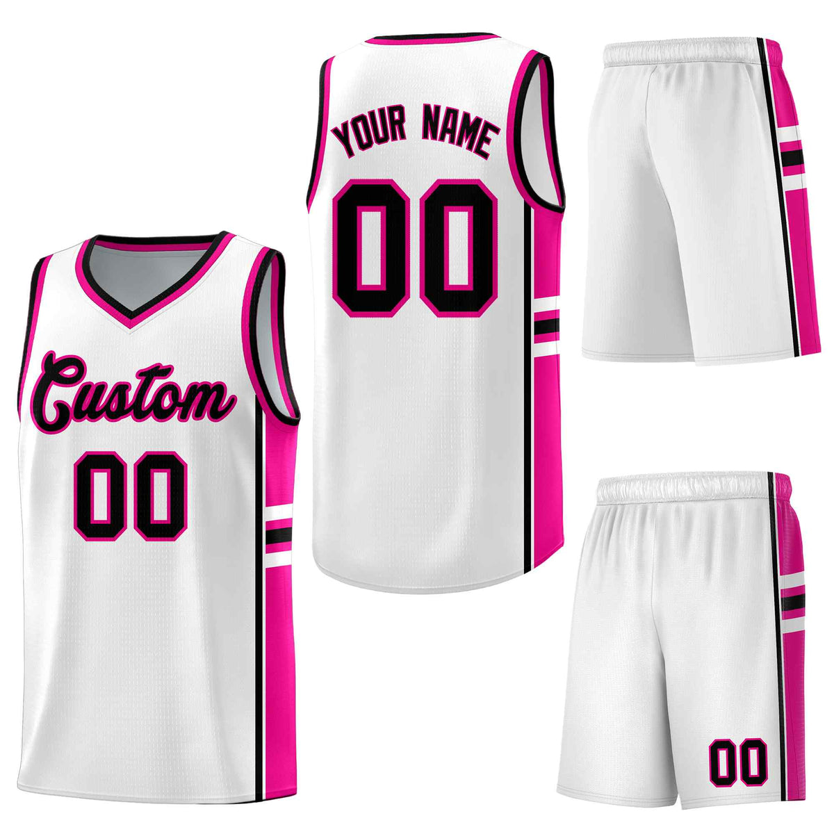 Custom White Pink Classic Color Block Drapable Personalized Uniform Basketball Jersey
