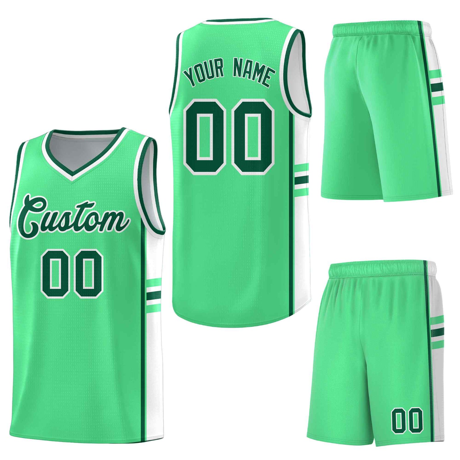 Custom Green White Classic Color Block Drapable Varsity Uniform Basketball Jersey