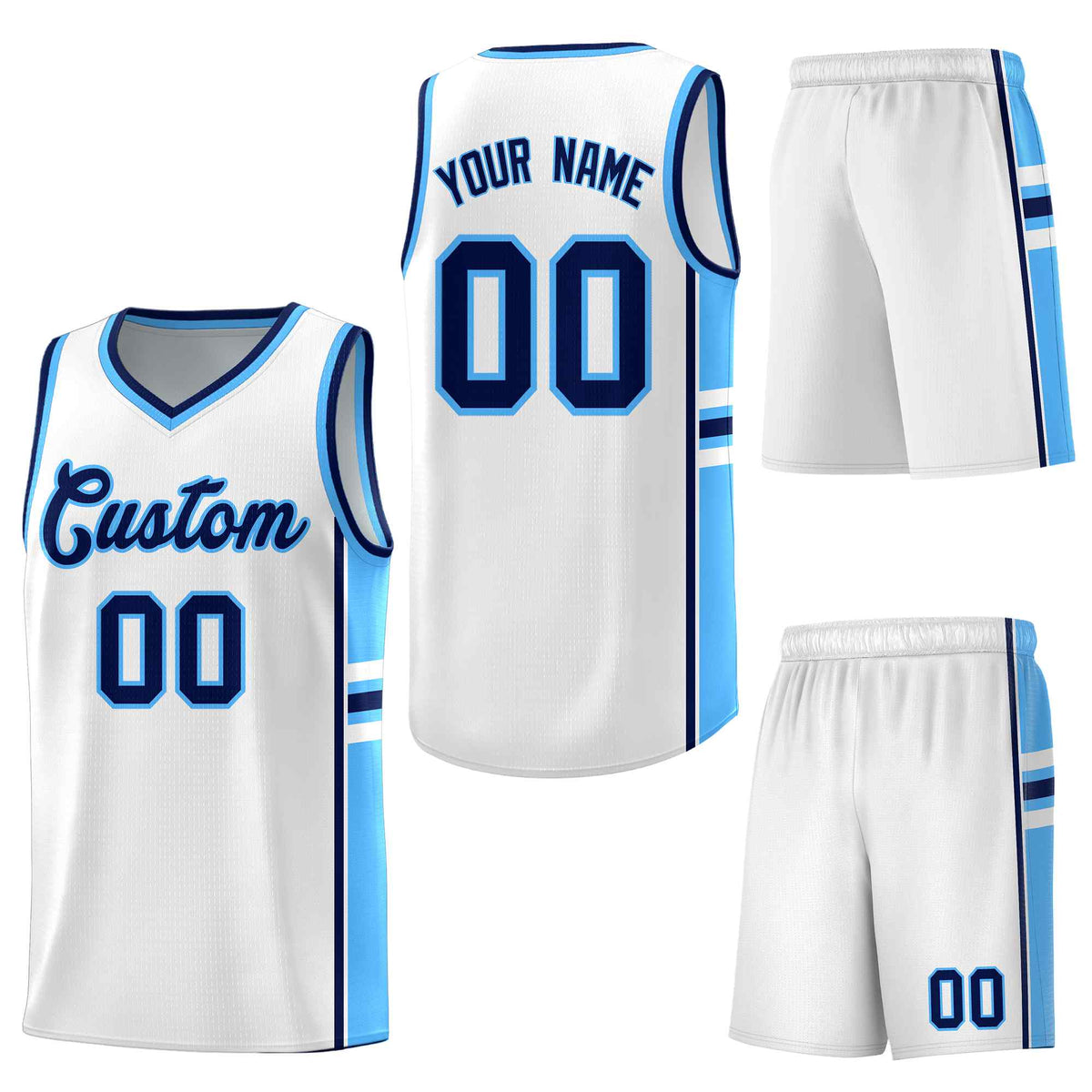 Custom White Powder Blue Classic Color Block Breathable Personalized Uniform Basketball Jersey
