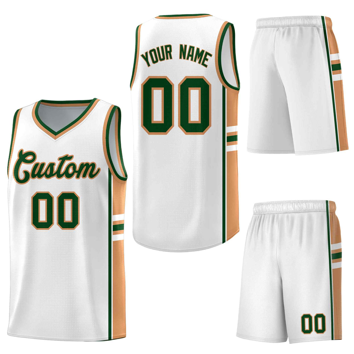 Custom White Buckskin Brown Classic Color Block Wrinkle-Resistant Varsity Uniform Basketball Jersey