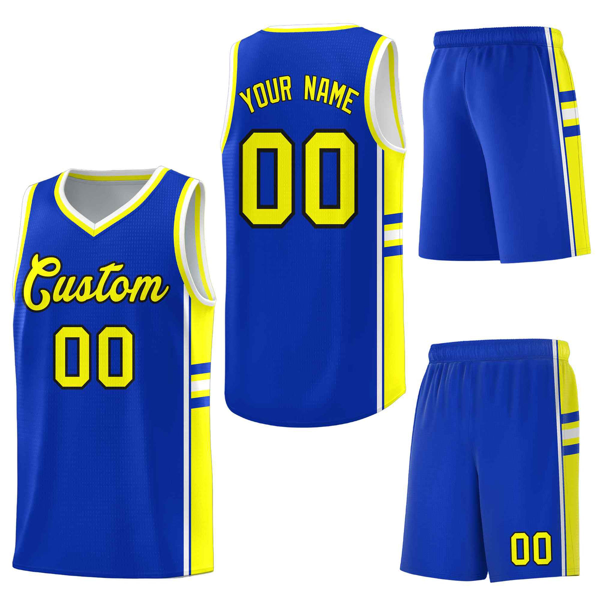 Custom Royal Fluorescent Yellow Classic Color Block Lightweight Varsity Uniform Basketball Jersey