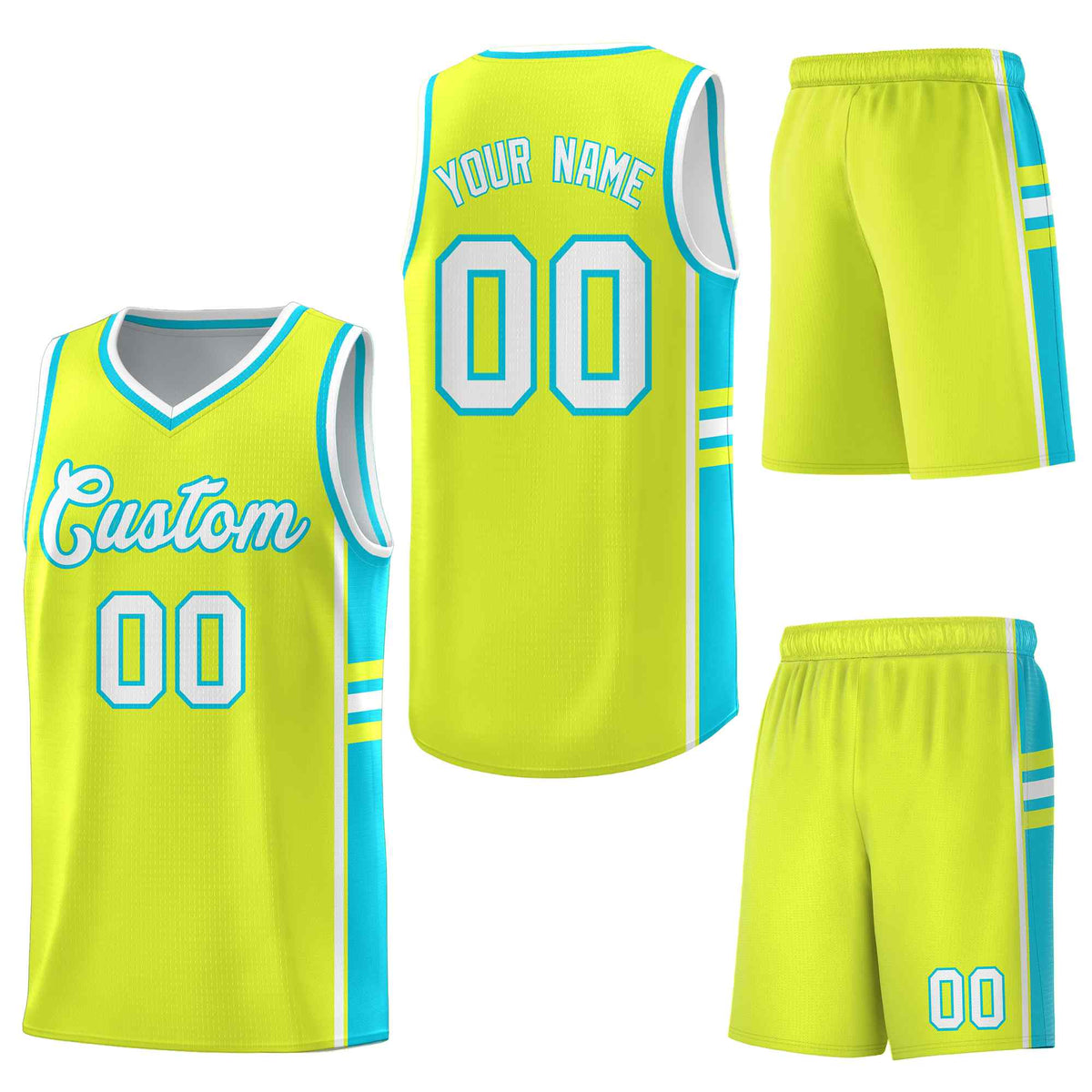Custom Fluorescent Green Sky Blue Classic Color Block Breathable Personalized Uniform Basketball Jersey
