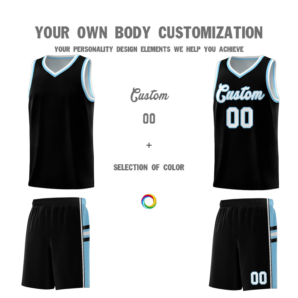 Custom Youth Basketball Jersey - Black Light Blue Two-Tone Classic Varsity Uniform