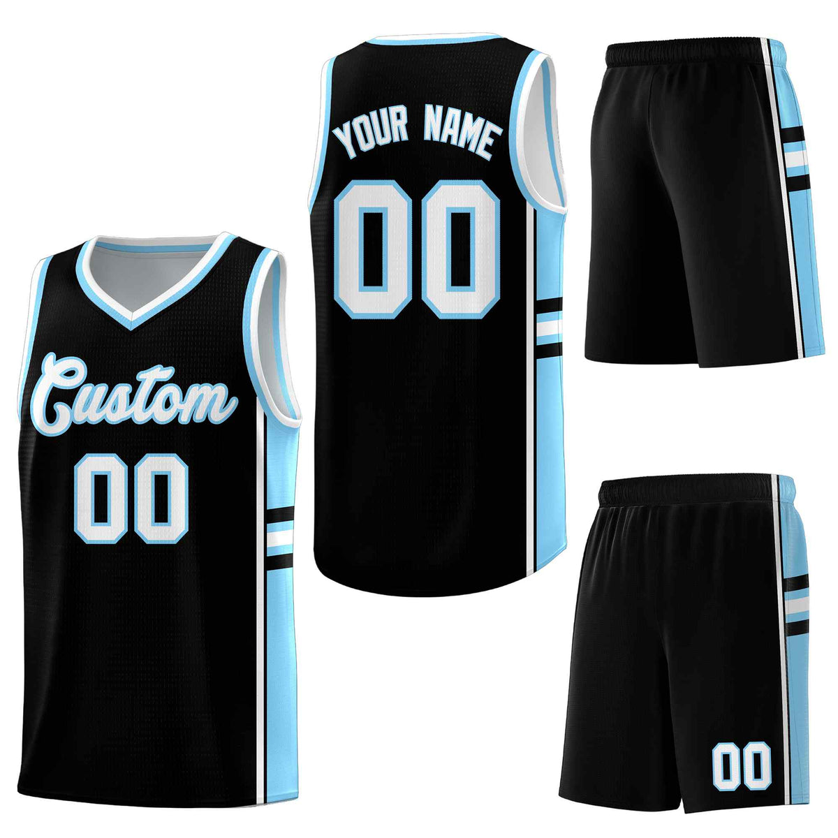 Custom Black Light Blue Classic Color Block Quick-Drying Personalized Uniform Basketball Jersey
