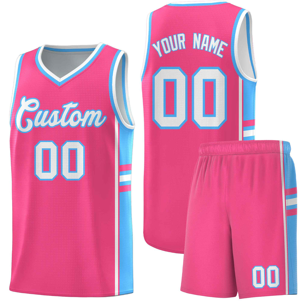 Custom Youth Basketball Jersey - Pink Powder Blue Two-Tone Classic Varsity Uniform