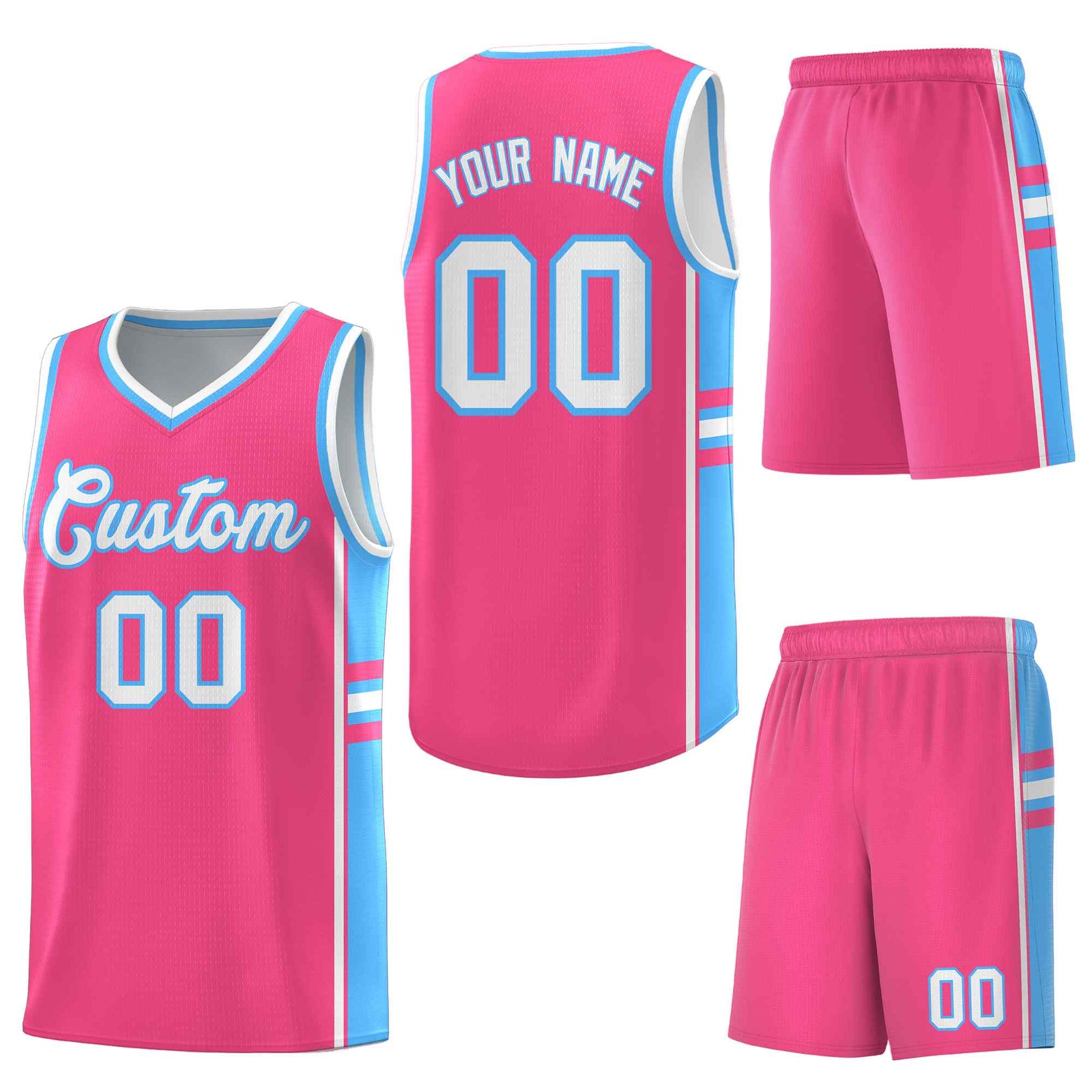 Custom Pink Powder Blue Classic Color Block Drapable Varsity Uniform Basketball Jersey
