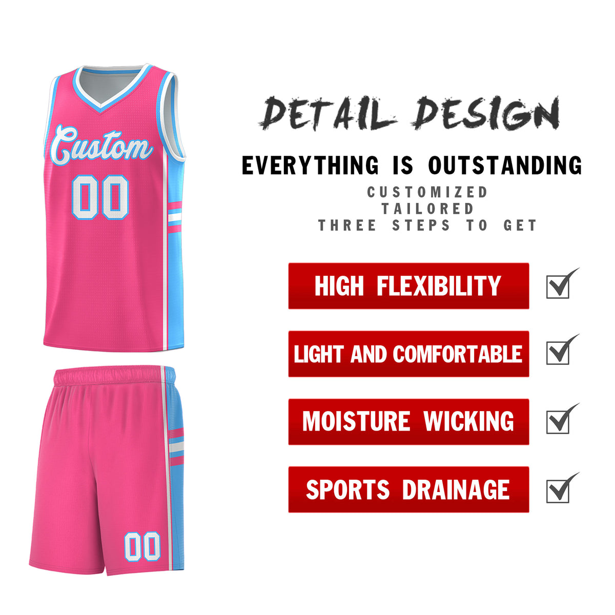 Custom Youth Basketball Jersey - Pink Powder Blue Two-Tone Classic Varsity Uniform