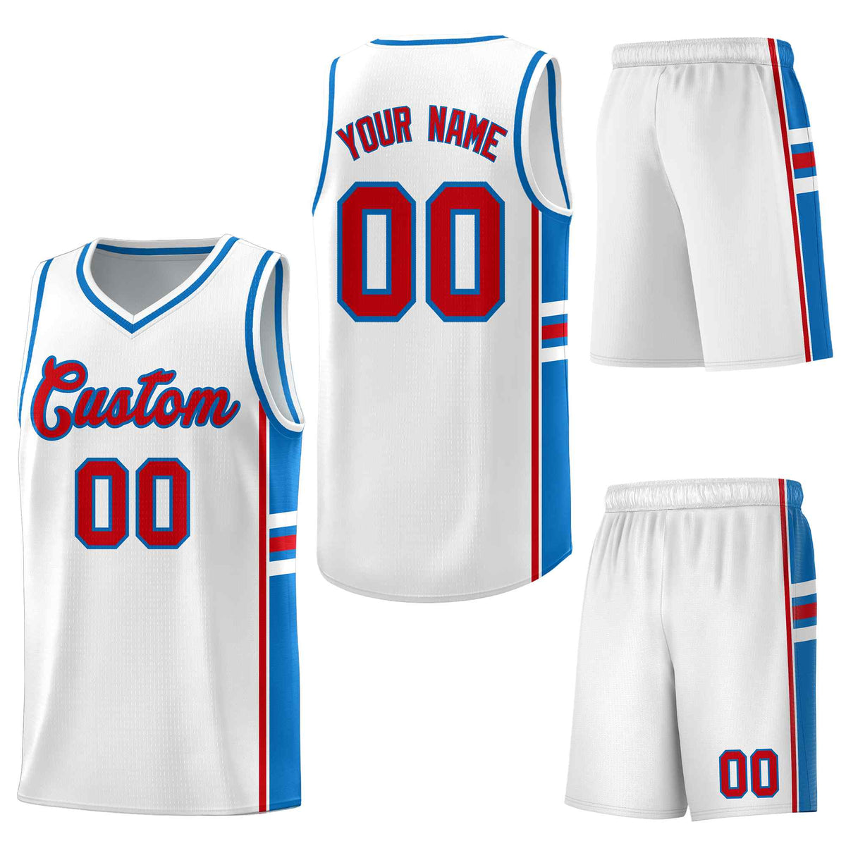 Custom White Royal Classic Color Block Drapable Personalized Uniform Basketball Jersey