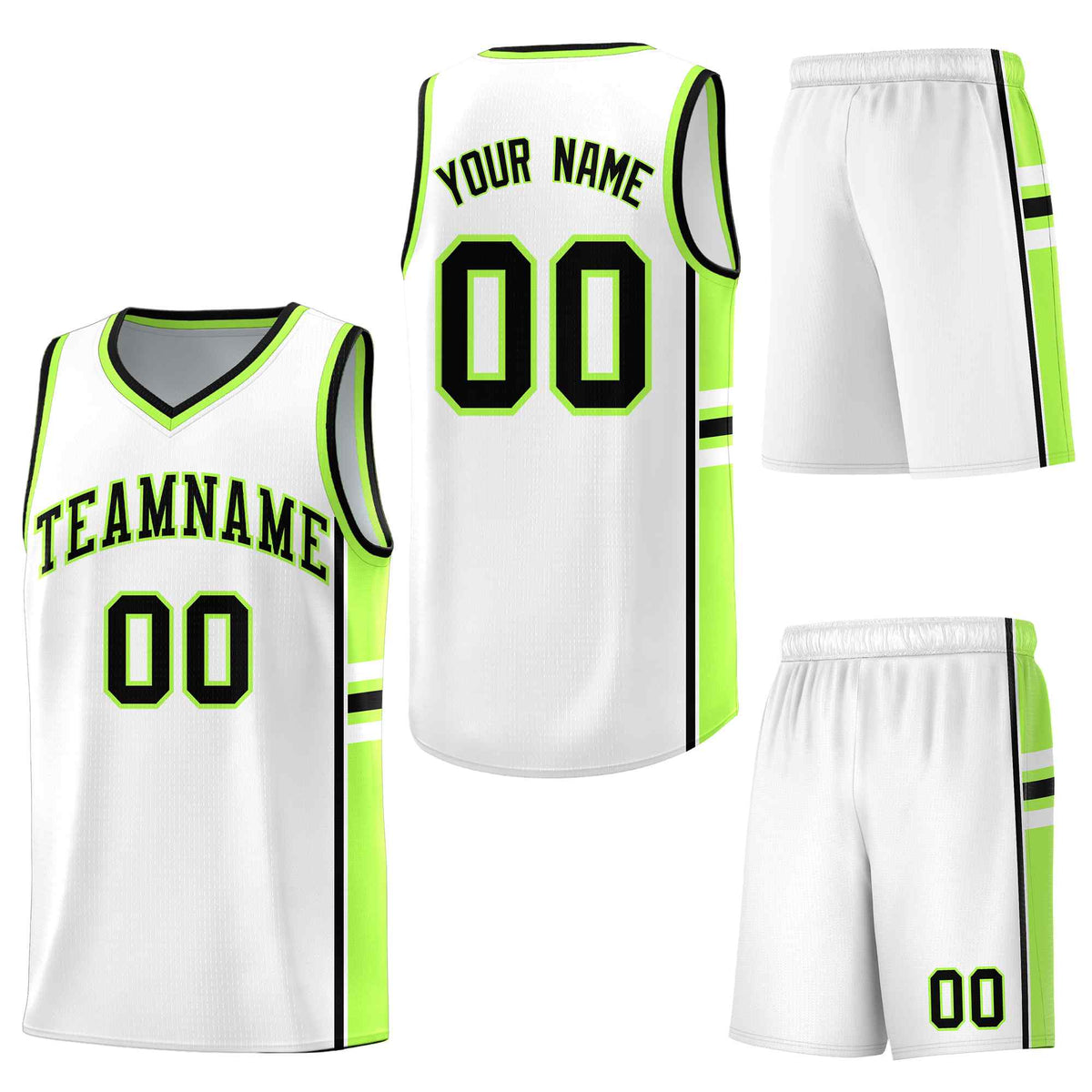Custom White Fluorescent Green Classic Color Block Breathable Varsity Uniform Basketball Jersey