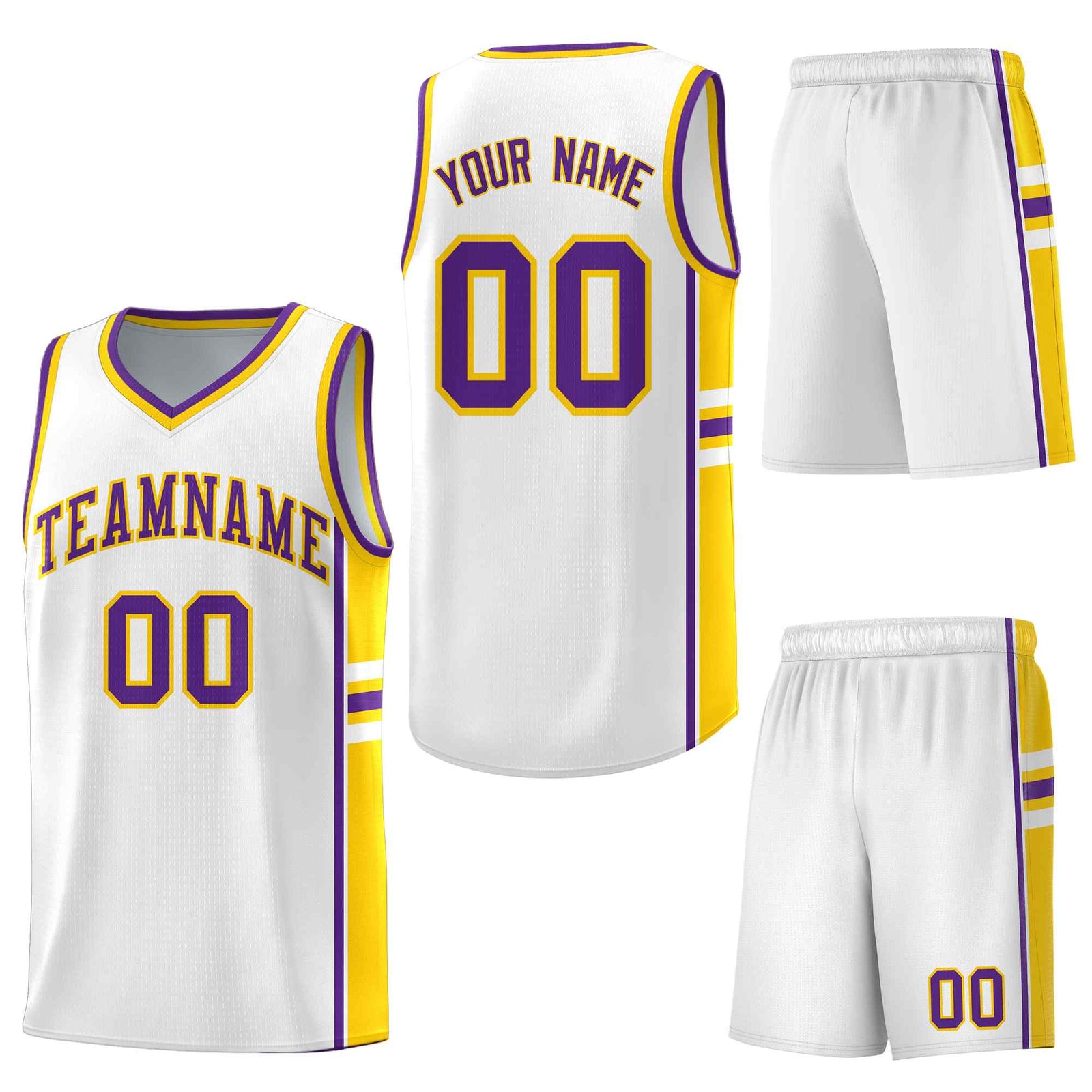 Custom White Gold Classic Color Block Drapable Varsity Uniform Basketball Jersey