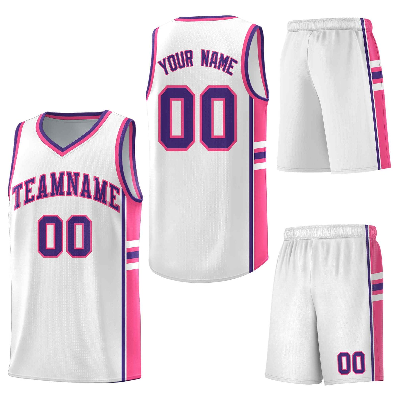 Custom White Pink Classic Color Block Breathable Varsity Uniform Basketball Jersey