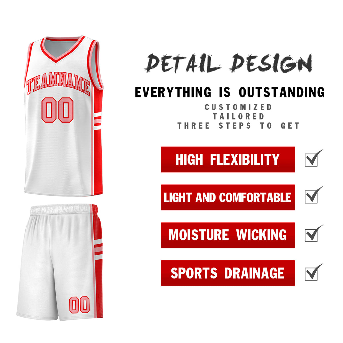 Custom Youth Basketball Jersey - White Light Red Personalized Varsity Two-Tone Uniform