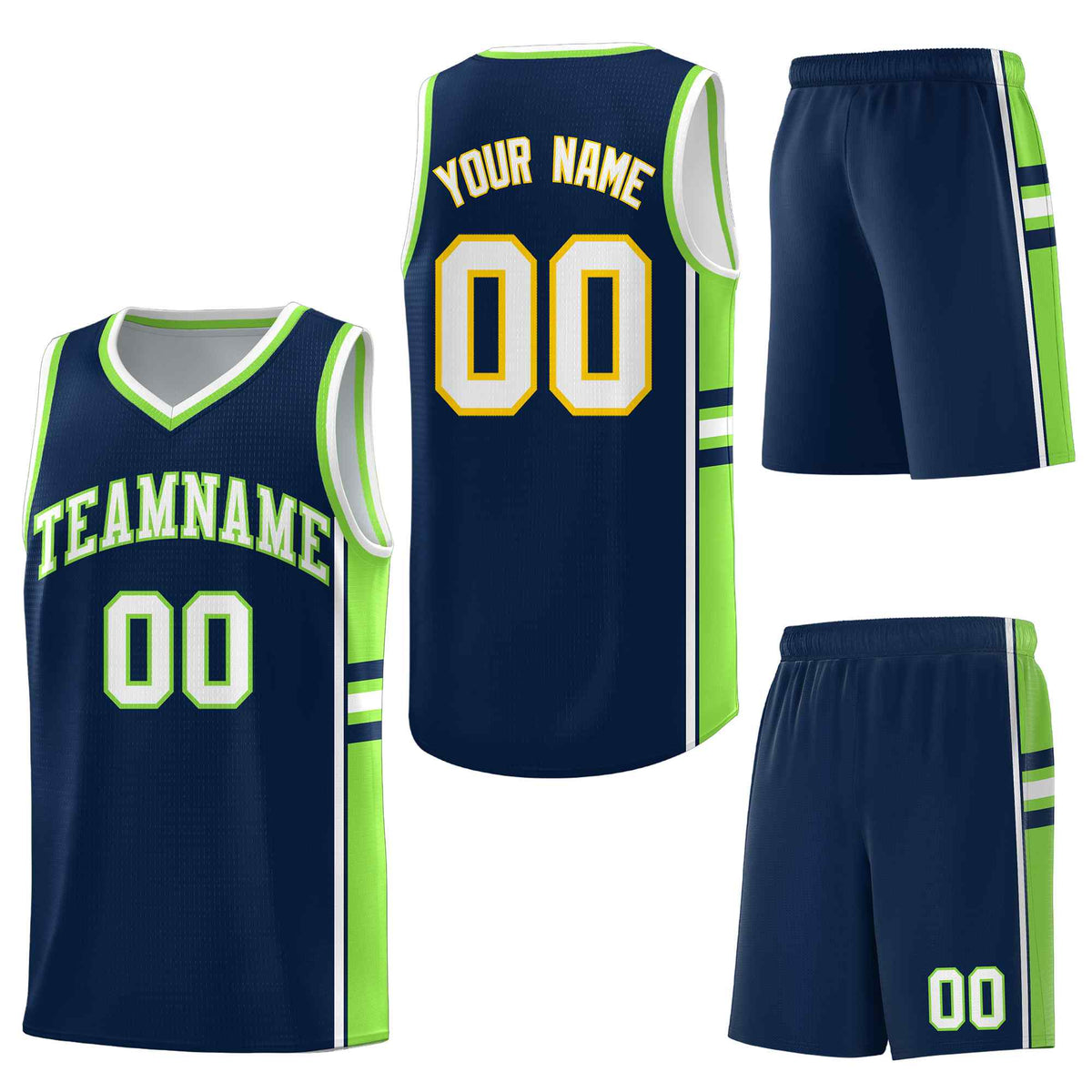 Custom Navy Fluorescent Green Classic Color Block Drapable Varsity Uniform Basketball Jersey