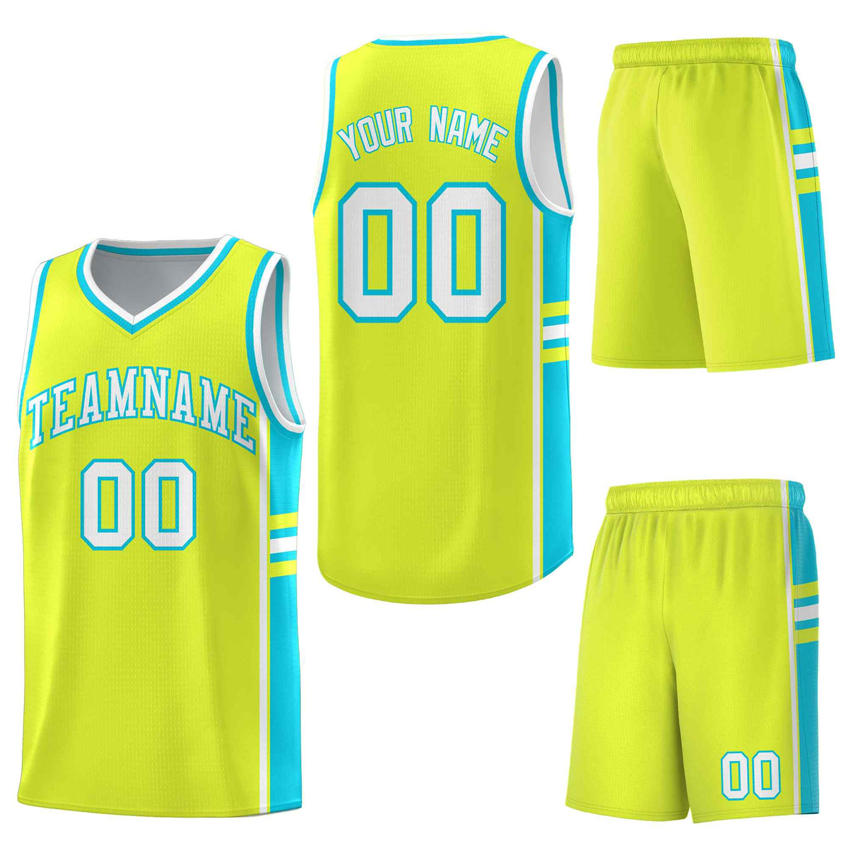 Custom Fluorescent Green Sky Blue Classic Color Block Breathable Personalized Uniform Basketball Jersey