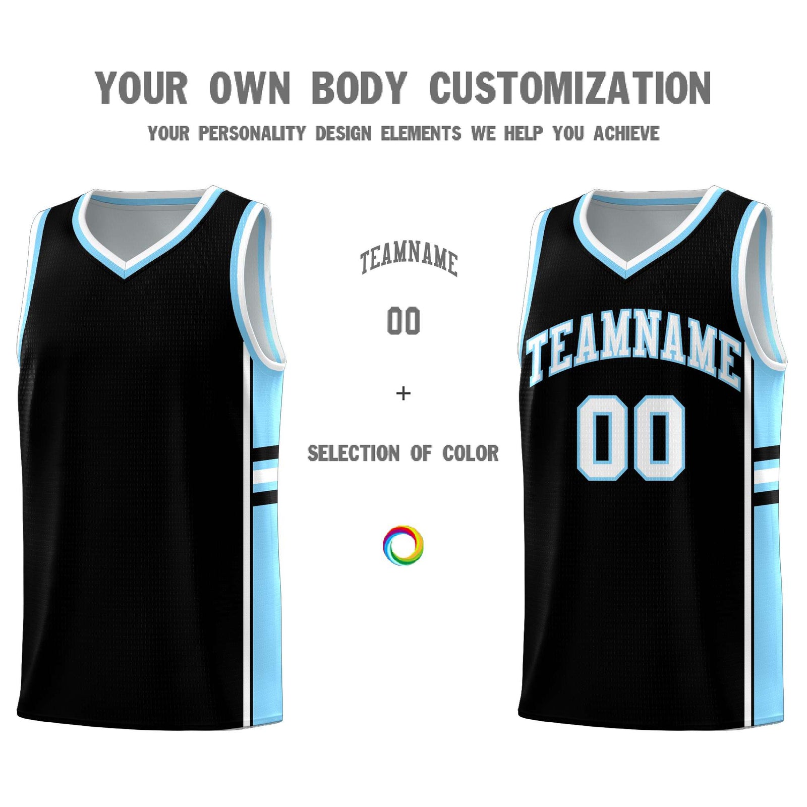 Custom Youth Basketball Jersey - Black Light Blue Two-Tone Classic Varsity Uniform