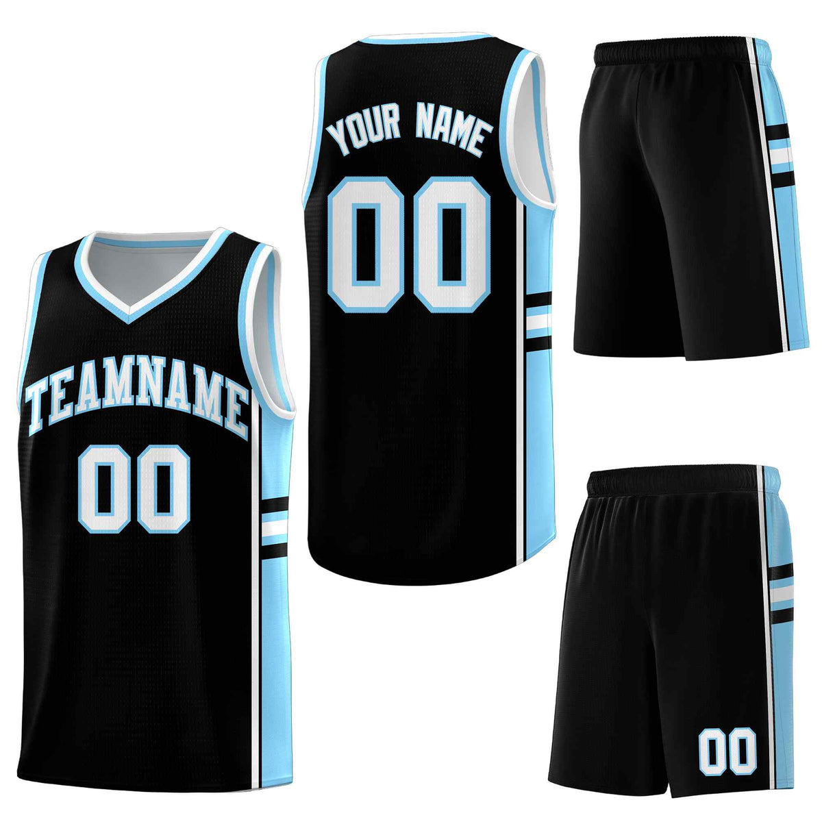 Custom Black Light Blue Classic Color Block Quick-Drying Personalized Uniform Basketball Jersey