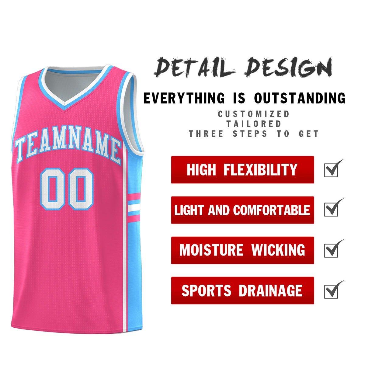 Custom Youth Basketball Jersey - Pink Powder Blue Two-Tone Classic Varsity Uniform