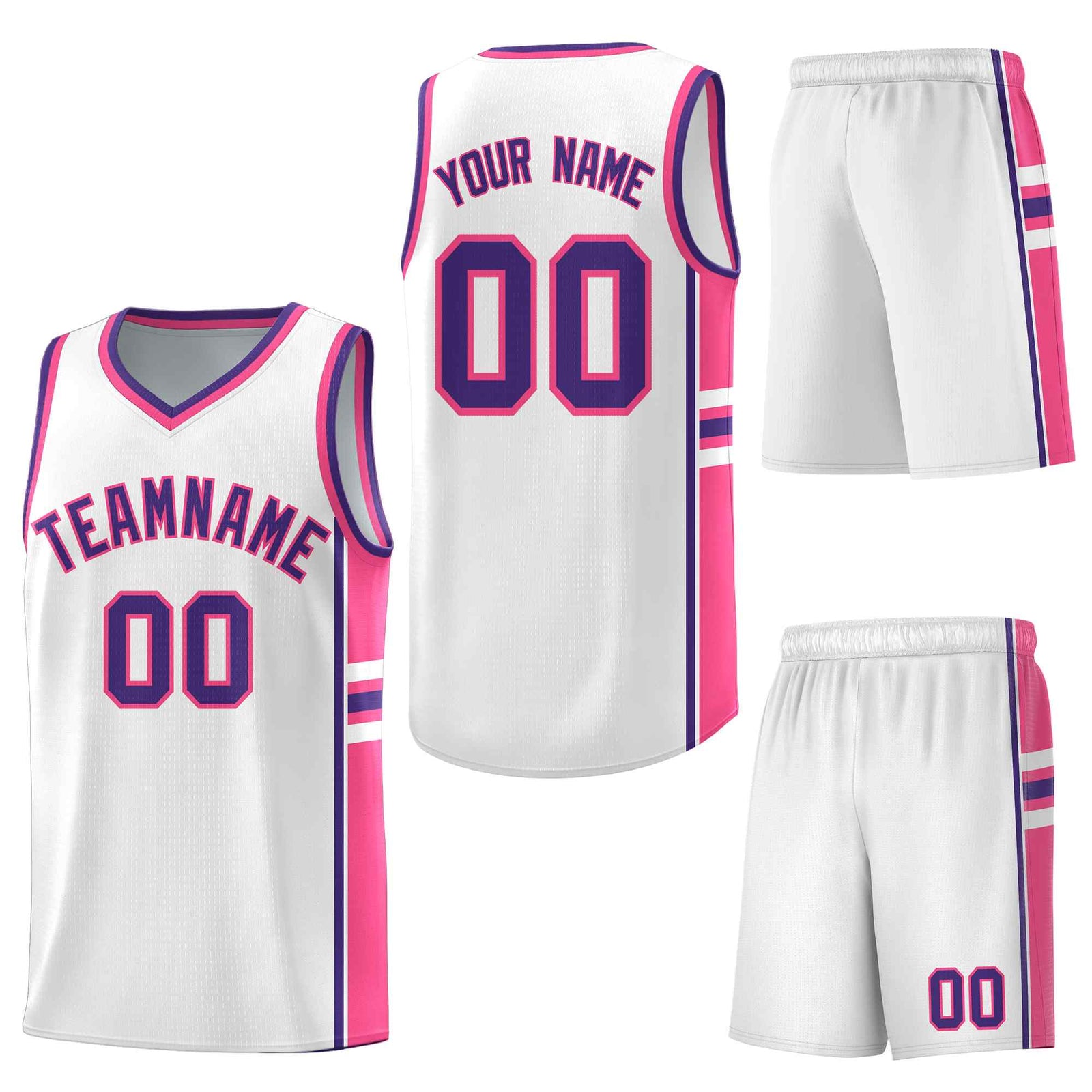 Custom White Pink Classic Color Block Breathable Varsity Uniform Basketball Jersey