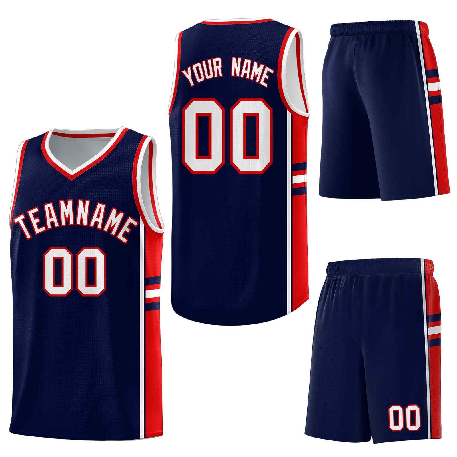 Custom Navy Red Classic Color Block Drapable Varsity Uniform Basketball Jersey