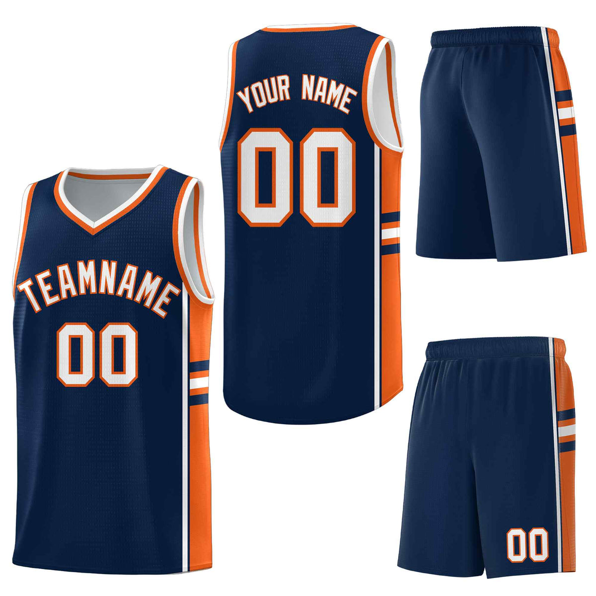Custom Navy Orange Classic Color Block Drapable Personalized Uniform Basketball Jersey