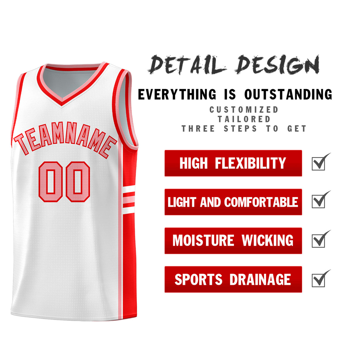 Custom Youth Basketball Jersey - White Light Red Personalized Varsity Two-Tone Uniform