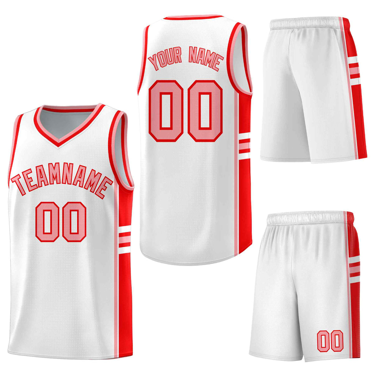 Custom White Light Red Classic Color Block Drapable Varsity Uniform Basketball Jersey