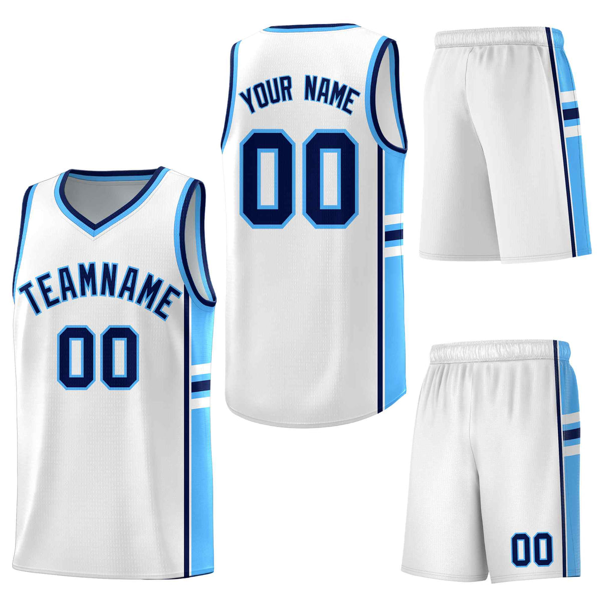 Custom White Powder Blue Classic Color Block Breathable Personalized Uniform Basketball Jersey