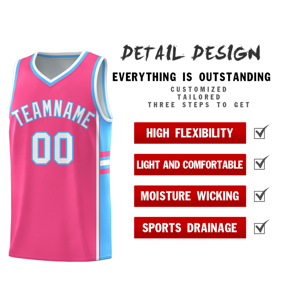 Custom Youth Basketball Jersey - Pink Powder Blue Two-Tone Classic Varsity Uniform