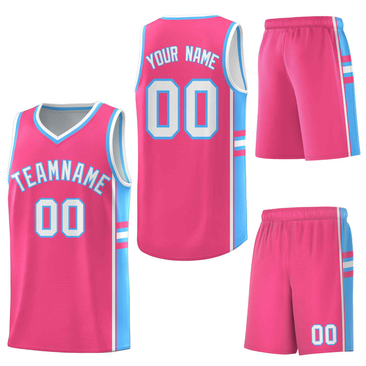Custom Pink Powder Blue Classic Color Block Drapable Varsity Uniform Basketball Jersey
