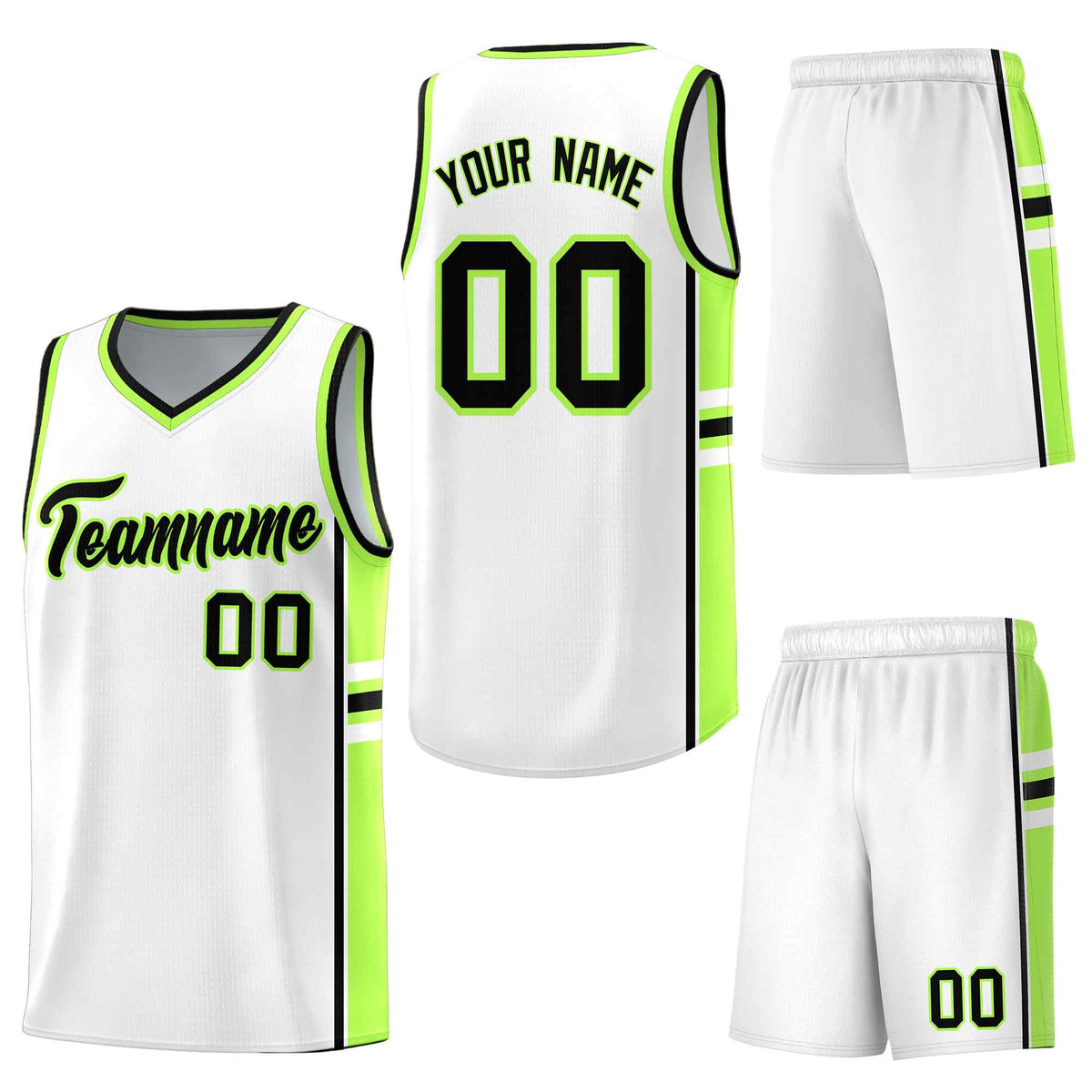 Custom White Fluorescent Green Classic Color Block Breathable Varsity Uniform Basketball Jersey