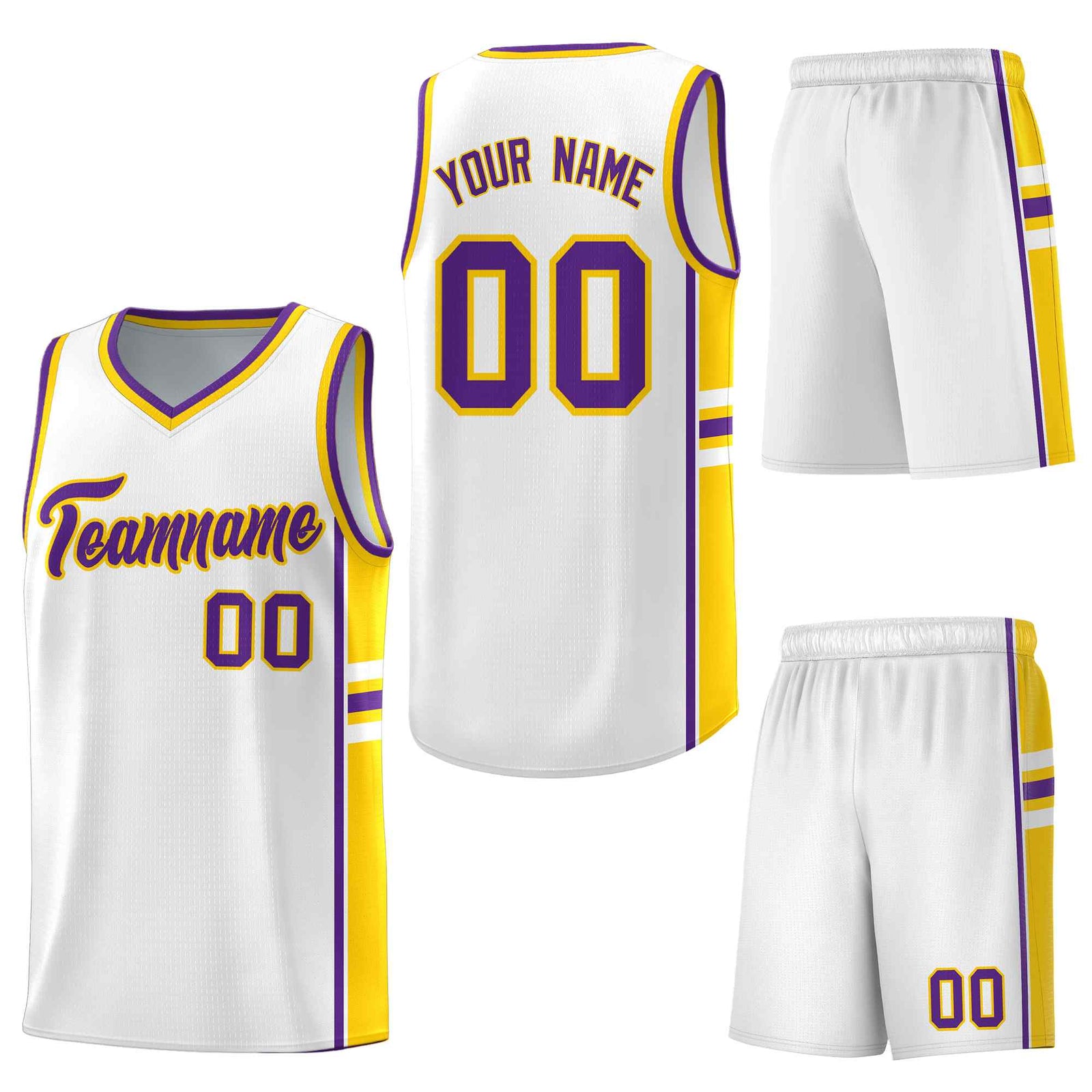 Custom White Gold Classic Color Block Drapable Varsity Uniform Basketball Jersey