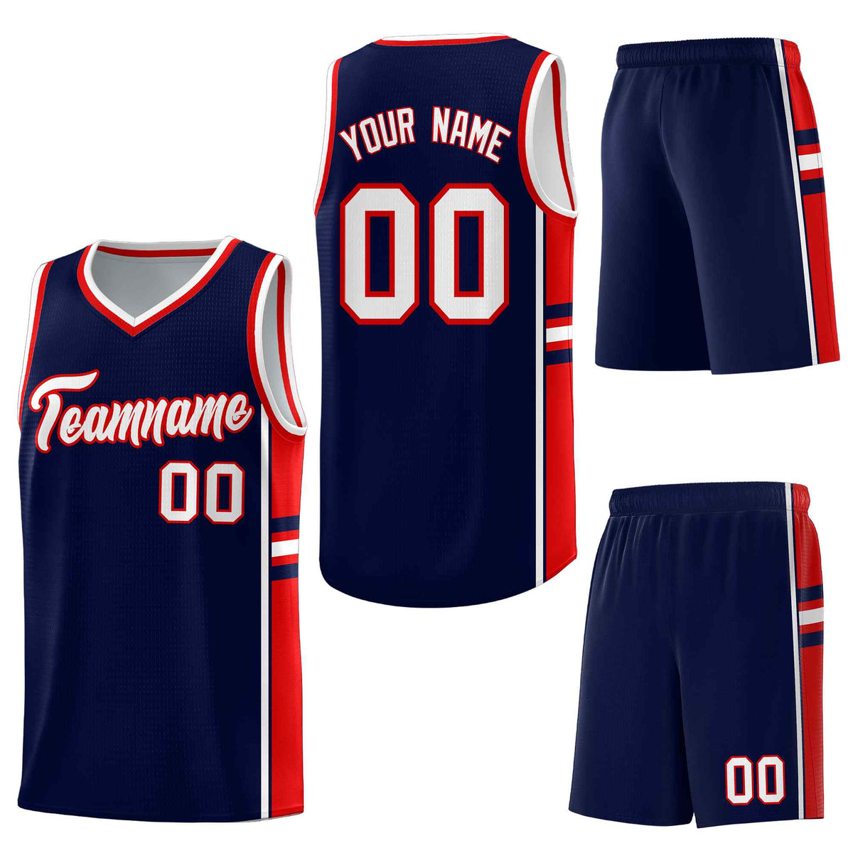 Custom Navy Red Classic Color Block Drapable Varsity Uniform Basketball Jersey