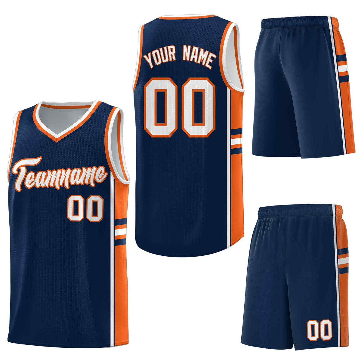 Custom Navy Orange Classic Color Block Drapable Personalized Uniform Basketball Jersey