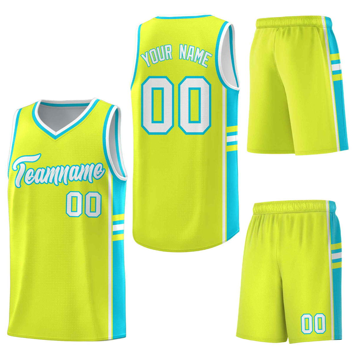Custom Fluorescent Green Sky Blue Classic Color Block Breathable Personalized Uniform Basketball Jersey